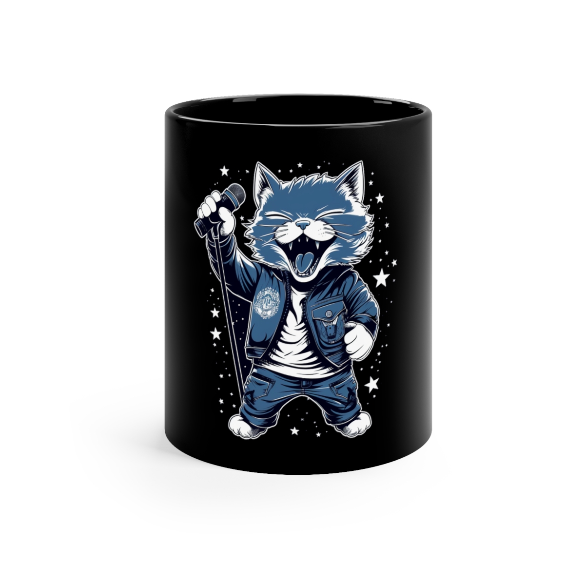 Happy Rockstar Kitty Black Coffee Mug, 11oz