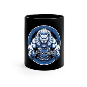 V180 Life REAWAKEN - 30-Day Challenge Fierce Lion Black Coffee Mug, 11oz