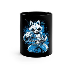 V180 Life REAWAKEN 30-Day Challenge Karate Racoon Black Coffee Mug, 11oz