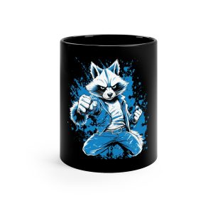 V180 Life Karate Racoon Black Coffee Mug, 11oz
