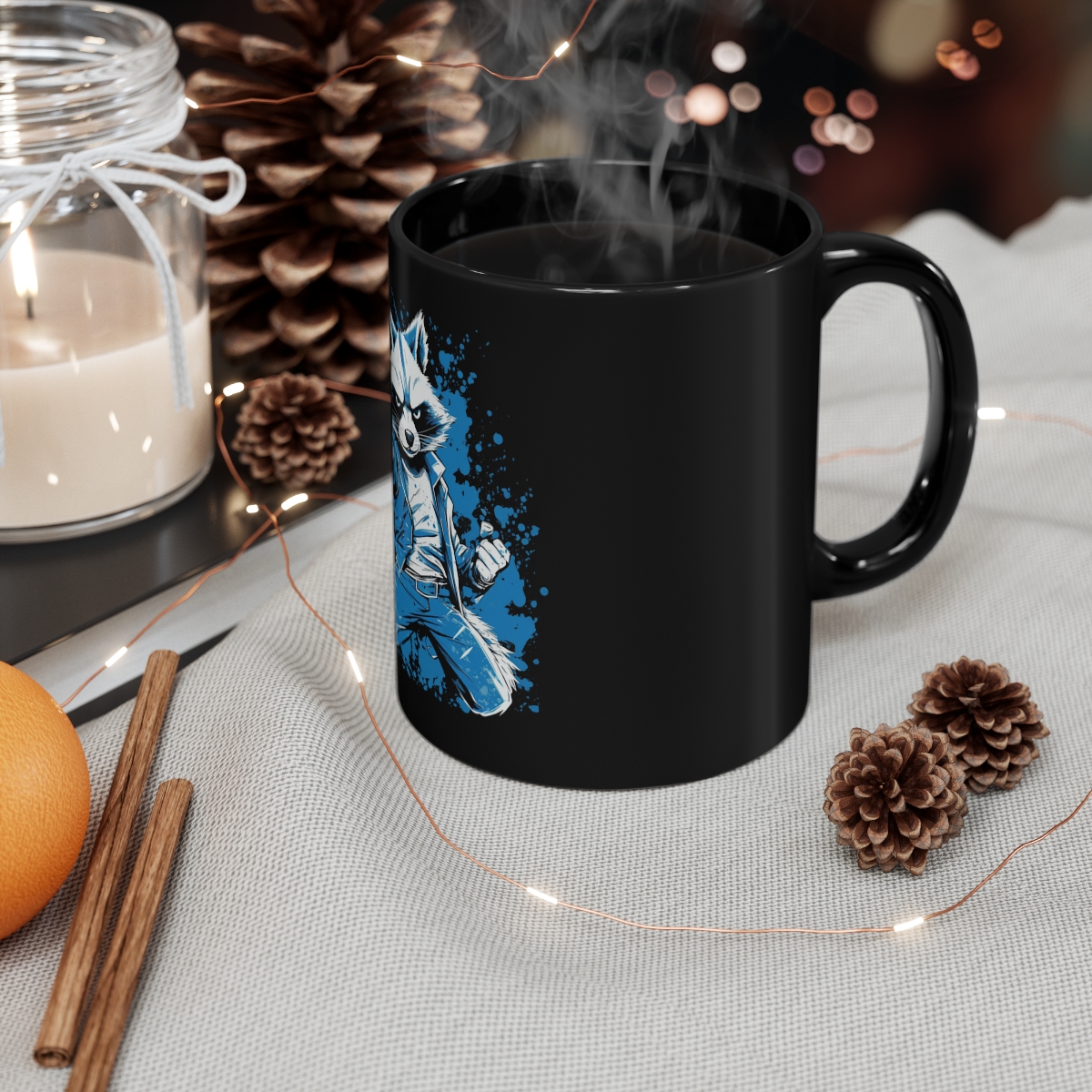 V180 Life Karate Racoon Black Coffee Mug, 11oz - Image 4