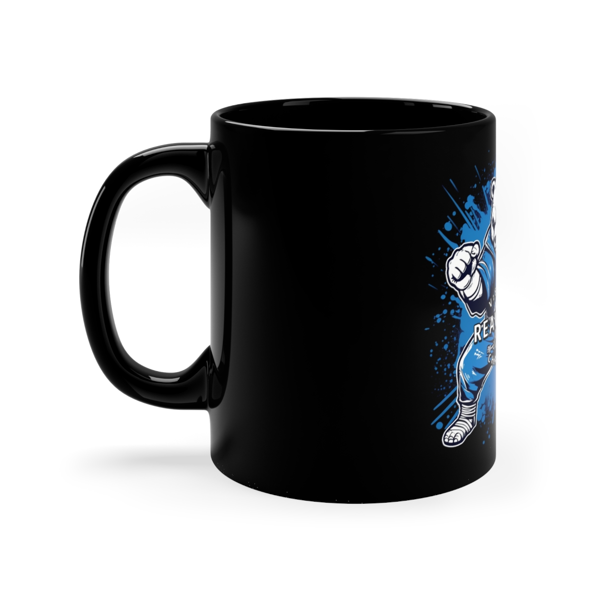 V180 Life REAWAKEN 30-Day Challenge Karate Ninja Bear Black Coffee Mug, 11oz - Image 2