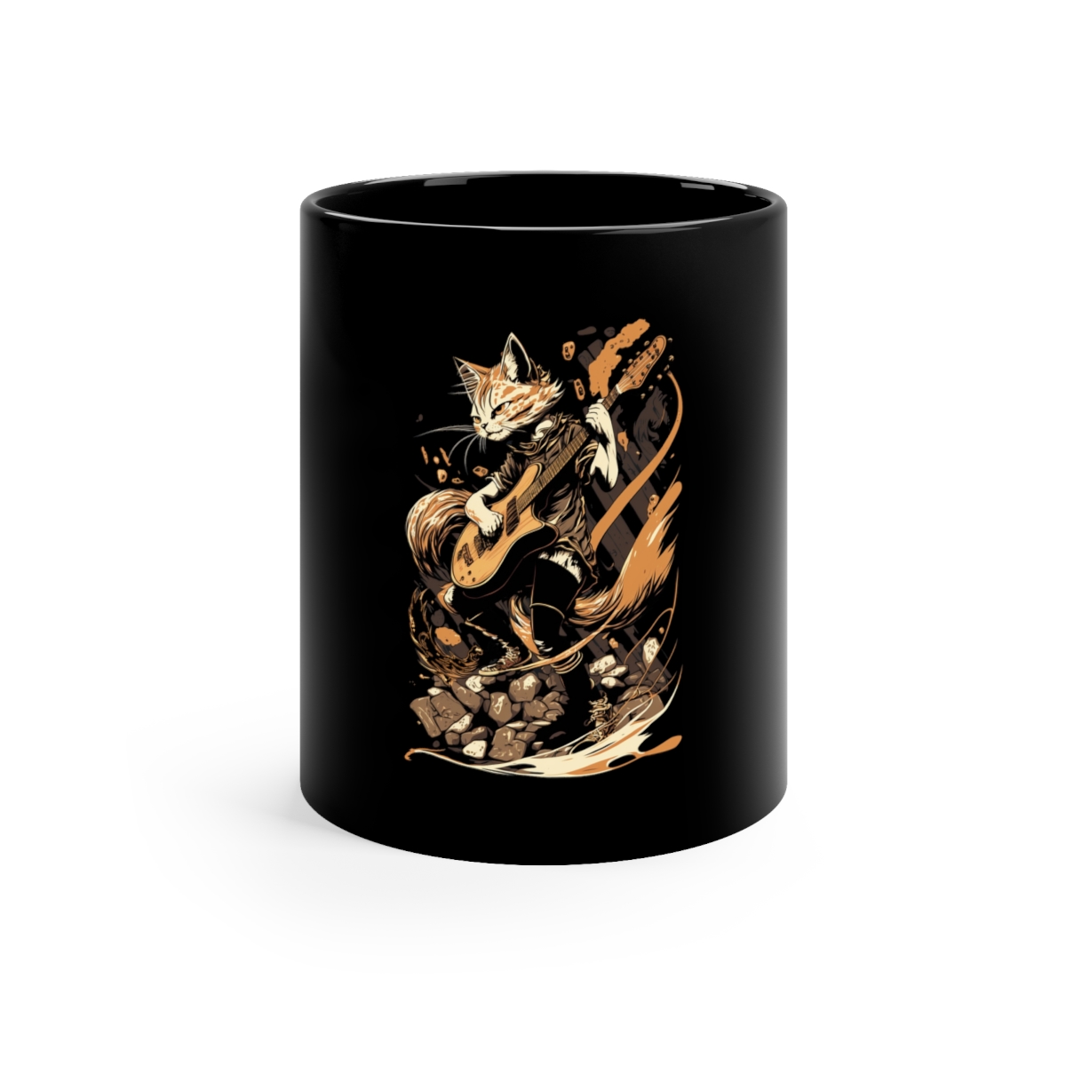 Cat playing guitar, Rock and Roll Cat Black Coffee Mug, 11oz