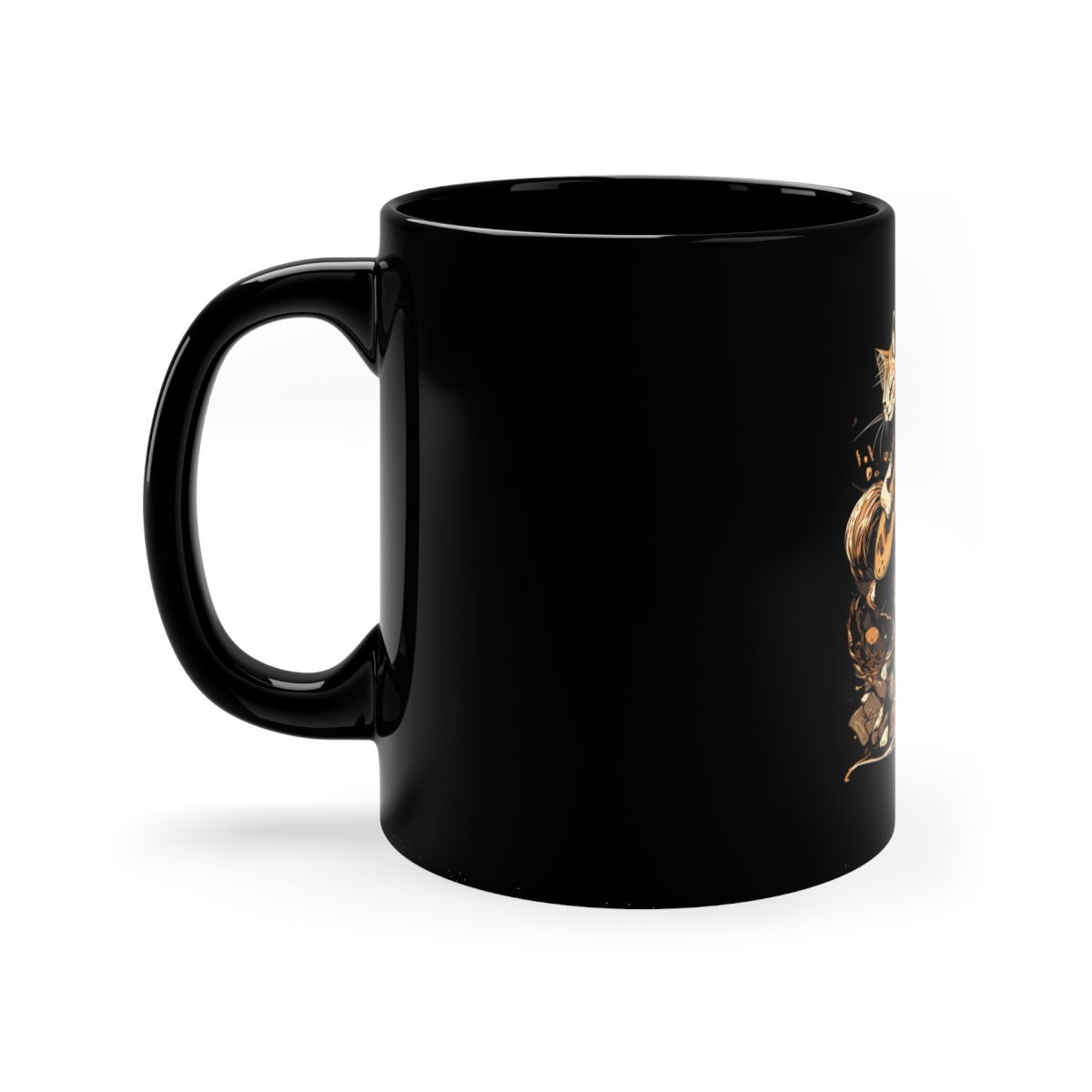 Cat playing guitar, Rock and Roll Cat Black Coffee Mug, 11oz - Image 2